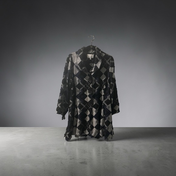 Studio Nouveau Vintage Harlequin Diamond Checkered Jacket Black Silver Lurex XL - Picture 3 of 6